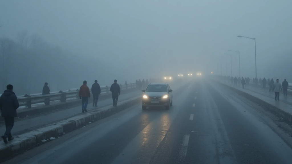 उत्तर भारत में घने कोहरे और शीत लहर का दृश्य, सड़कों पर कम दृश्यता और ठंड का असर