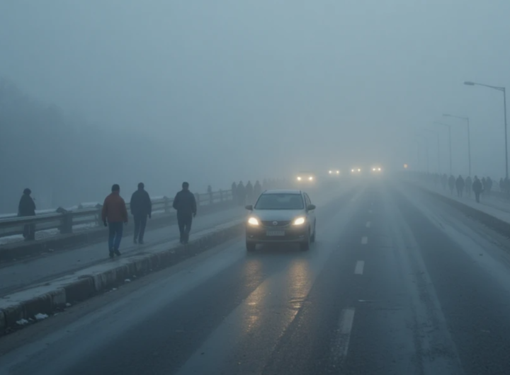 उत्तर भारत में घने कोहरे और शीत लहर का दृश्य, सड़कों पर कम दृश्यता और ठंड का असर
