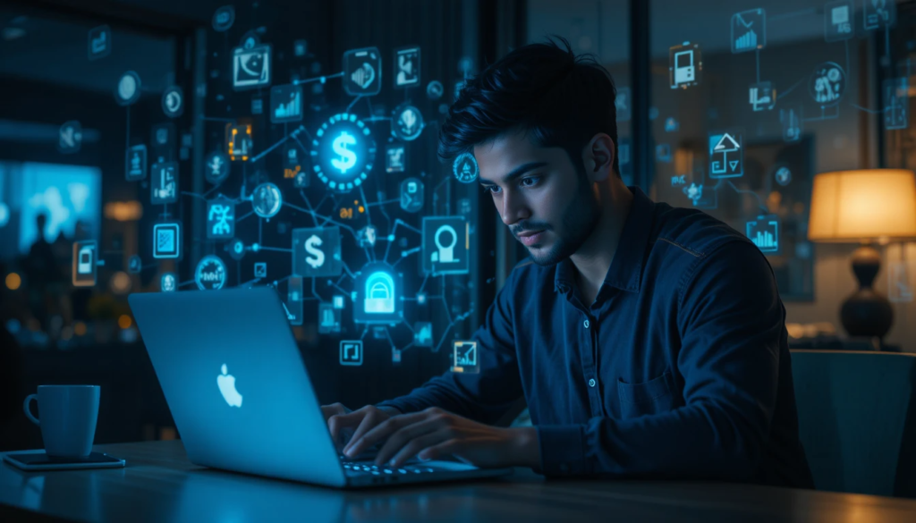 AI technology se kaam karta hua Indian youth, laptop screen par digital data aur artificial intelligence concept