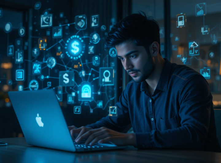 AI technology se kaam karta hua Indian youth, laptop screen par digital data aur artificial intelligence concept