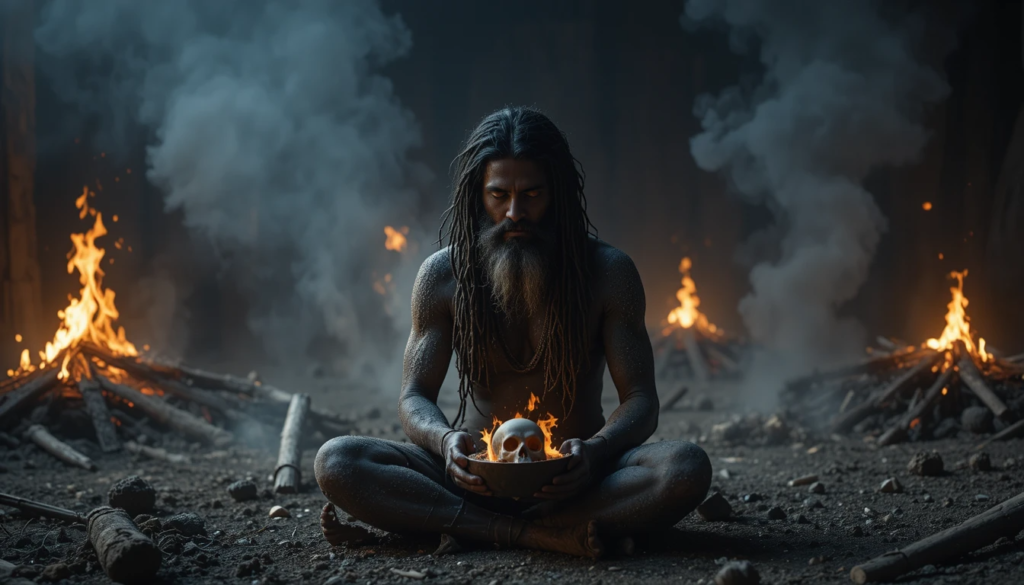 श्मशान में ध्यान करता अघोरी साधु, शिव भक्ति और रहस्यमयी अघोर साधना का प्रतीक