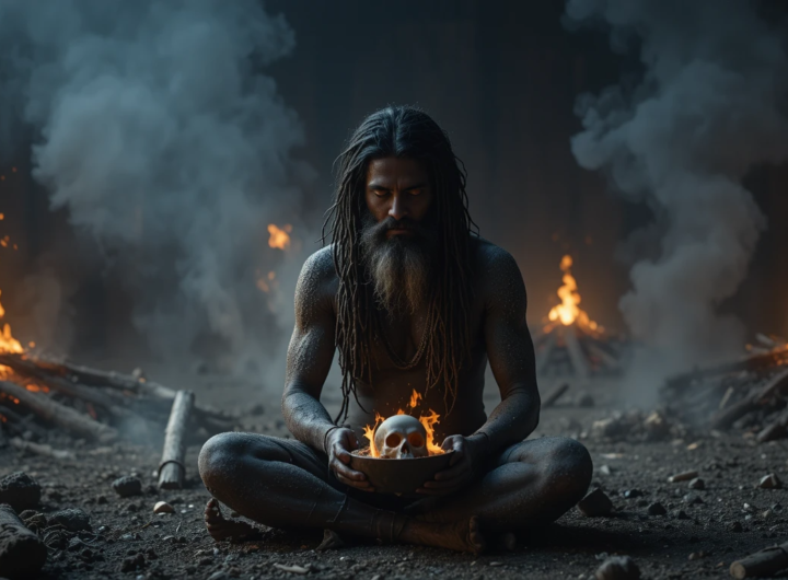 श्मशान में ध्यान करता अघोरी साधु, शिव भक्ति और रहस्यमयी अघोर साधना का प्रतीक