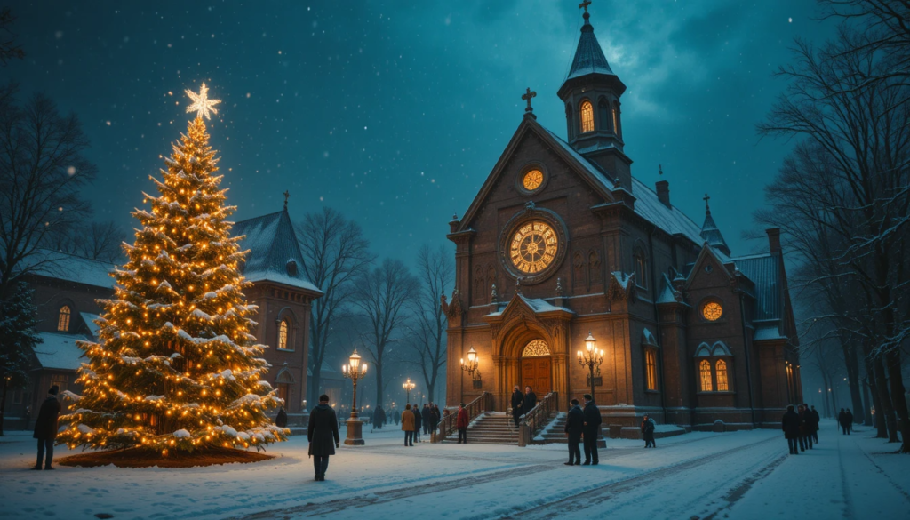 क्रिसमस की रात रोशनी से सजा चर्च, ईसा मसीह के जन्म का प्रतीक
