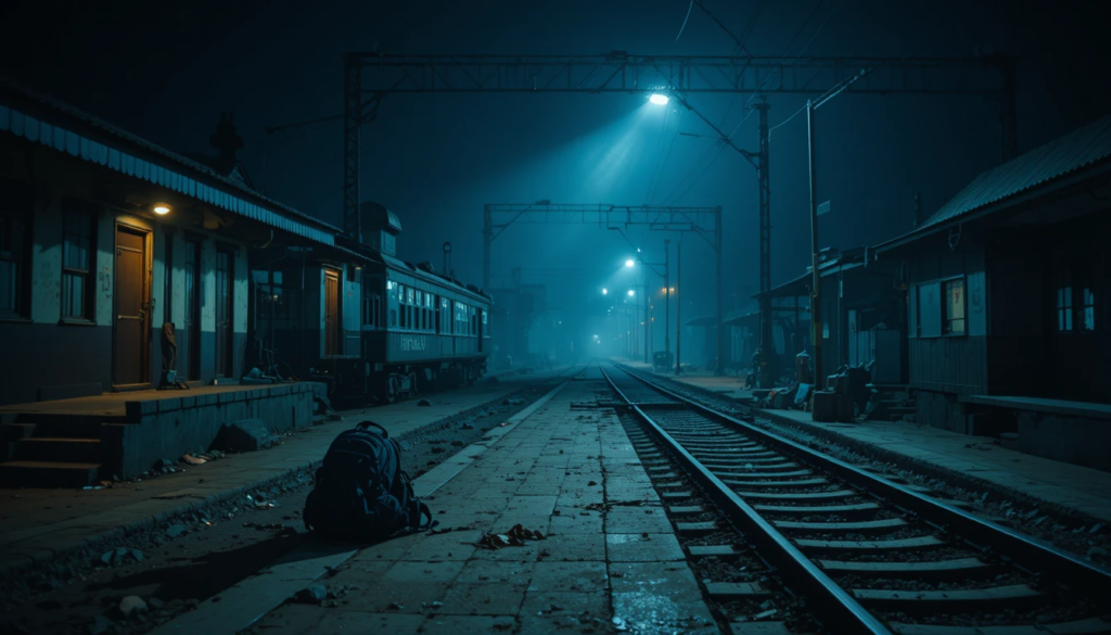 Indian railway station crime scene at night near deserted railway track