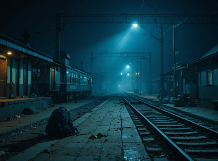 Indian railway station crime scene at night near deserted railway track