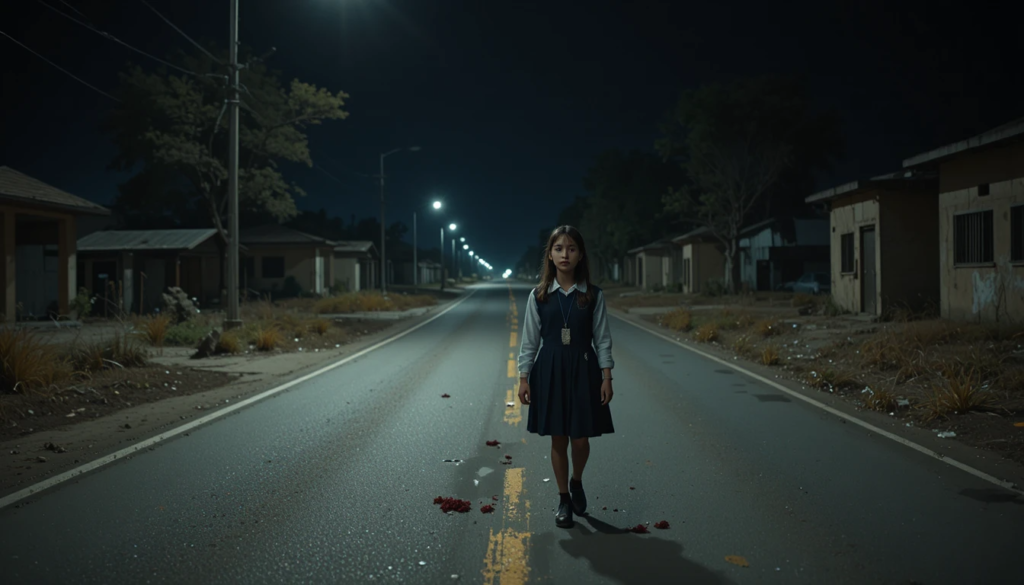 AI generated image showing a schoolgirl walking alone on an empty road at night, used for news storytelling