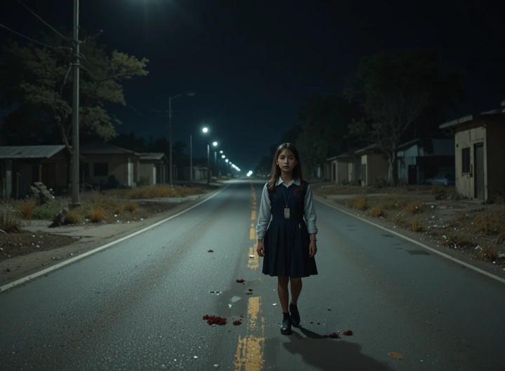 AI generated image showing a schoolgirl walking alone on an empty road at night, used for news storytelling