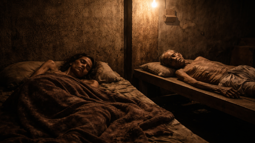 अंधेरे बेसमेंट में लकड़ी के तख्त पर पड़े भूख से कमजोर बाप-बेटी, एक जिंदा और एक मृत, इंसानियत को झकझोर देने वाली सच्ची क्राइम तस्वीर