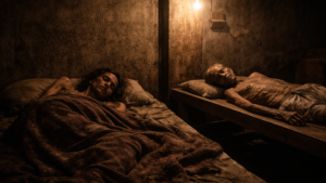 अंधेरे बेसमेंट में लकड़ी के तख्त पर पड़े भूख से कमजोर बाप-बेटी, एक जिंदा और एक मृत, इंसानियत को झकझोर देने वाली सच्ची क्राइम तस्वीर